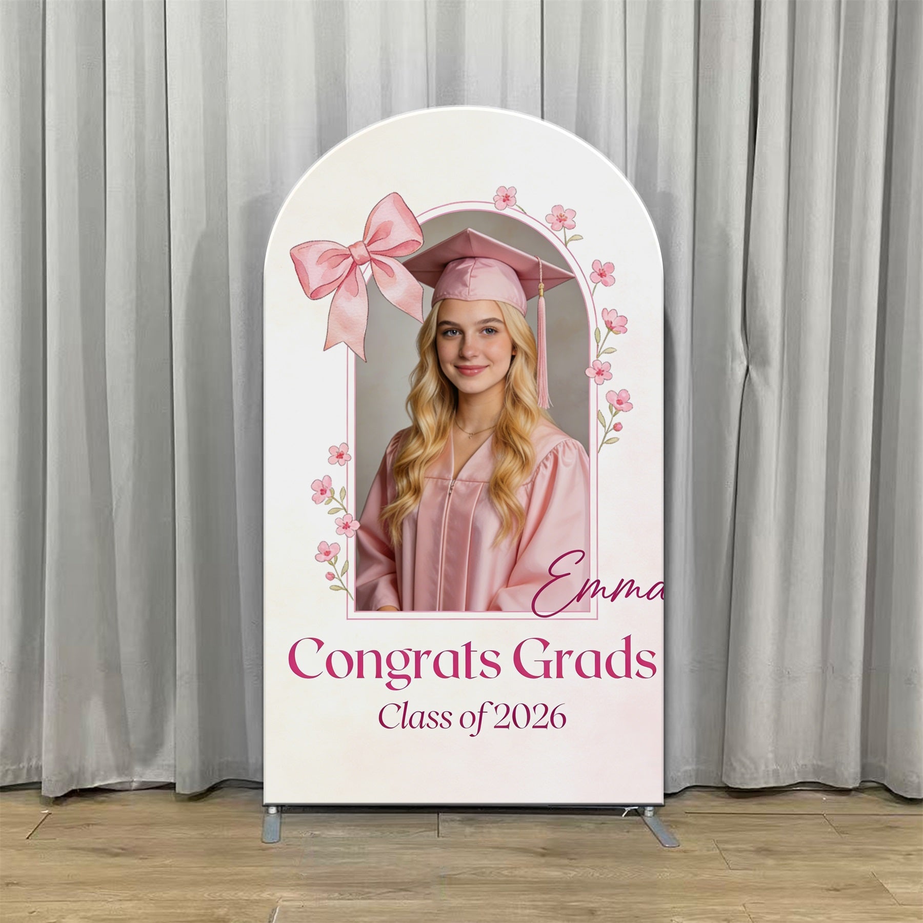 Soft Elegant Graduation Backdrop Pink Bow Floral Arch Graduation Backdrop For Photos CSH63-135