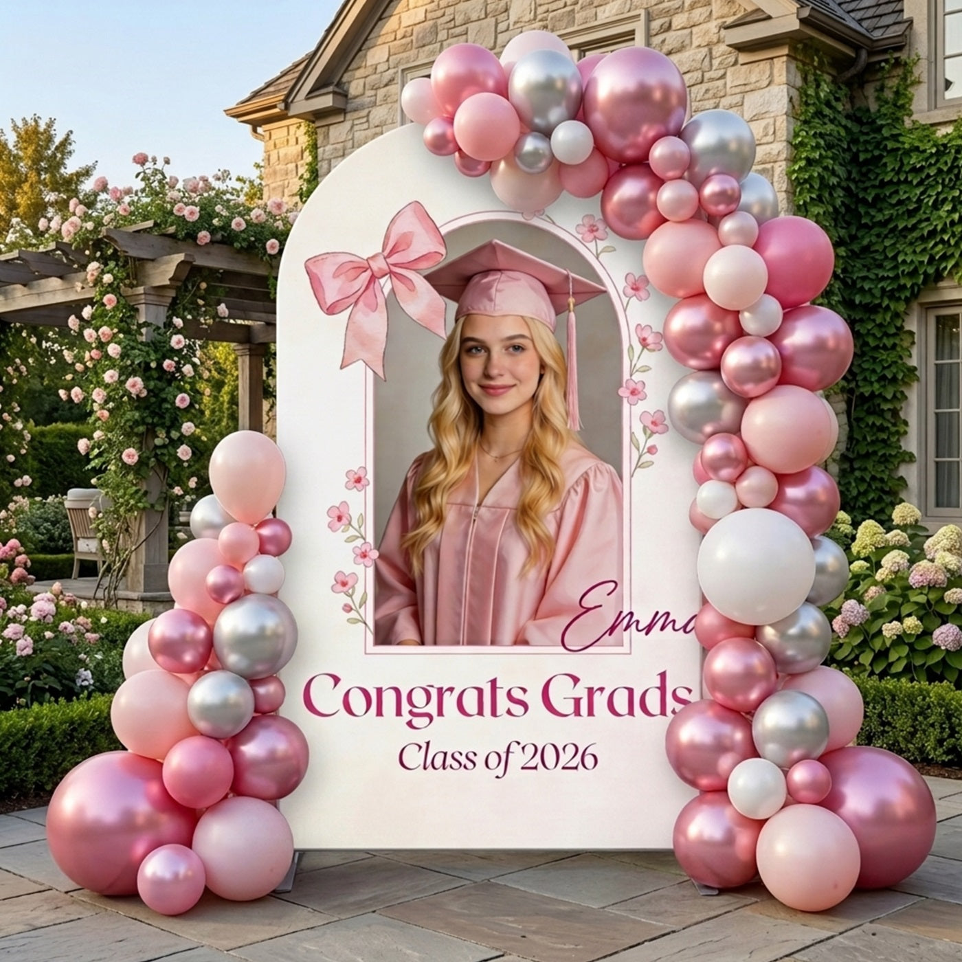Soft Elegant Graduation Backdrop Pink Bow Floral Arch Graduation Backdrop For Photos CSH63-135