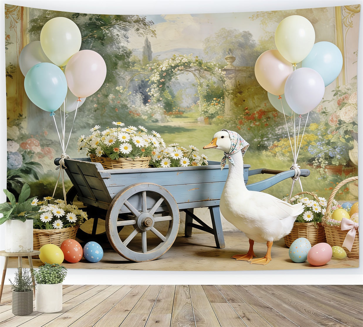 Easter Daisy Backdrop Duck Pastel Balloons Egg Easter Backdrop For Photos CSH63-15