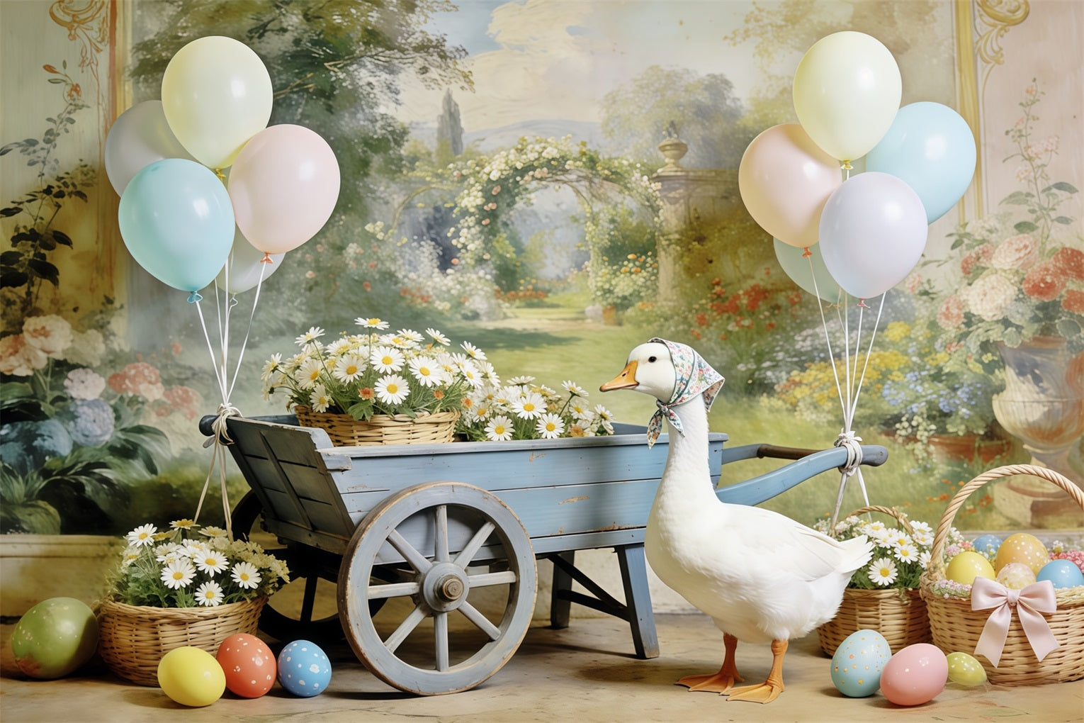 Easter Daisy Backdrop Duck Pastel Balloons Egg Easter Backdrop For Photos CSH63-15