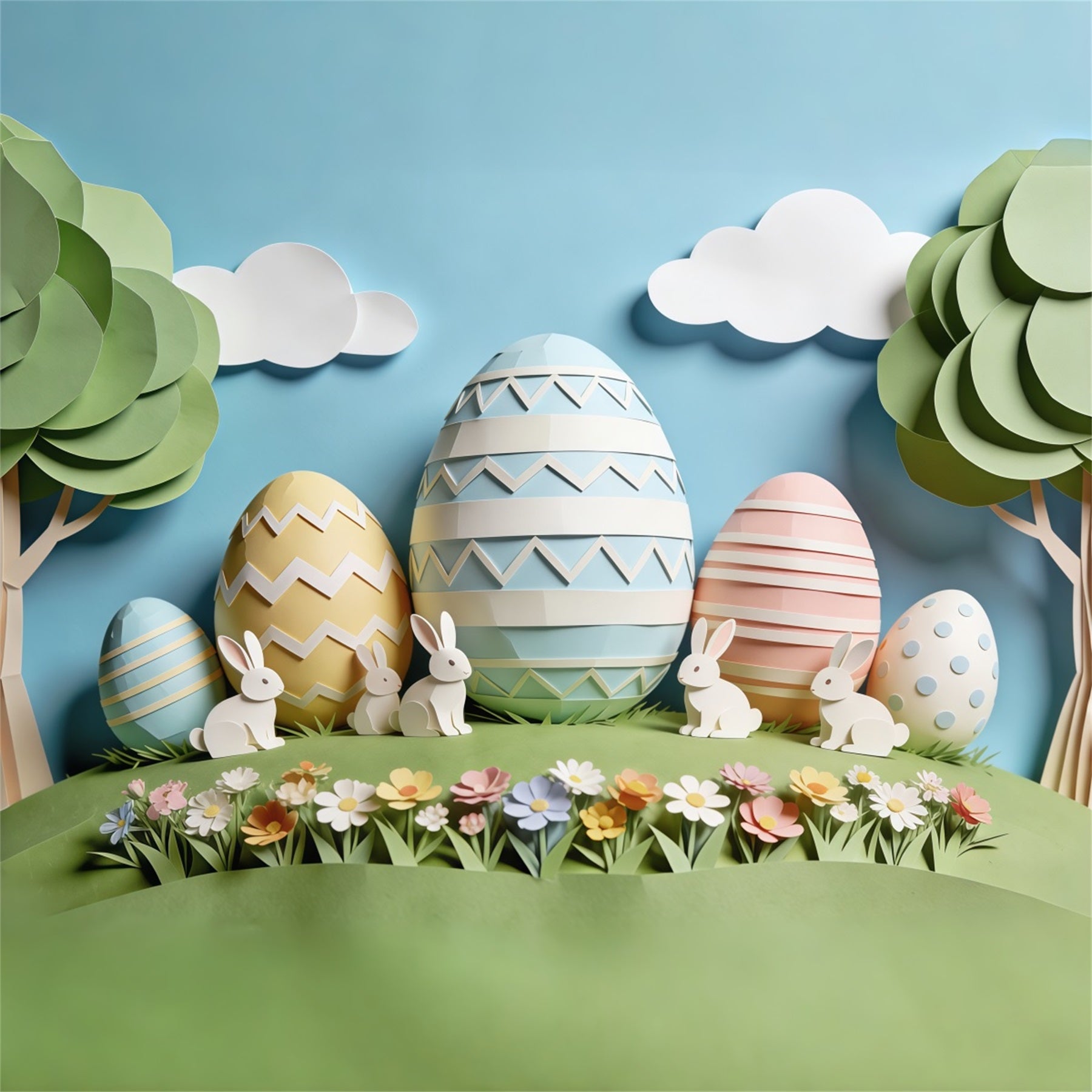 Easter Cute Backdrop Paper Craft Bunny Pastel Eggs Backdrops For Easter CSH63-18