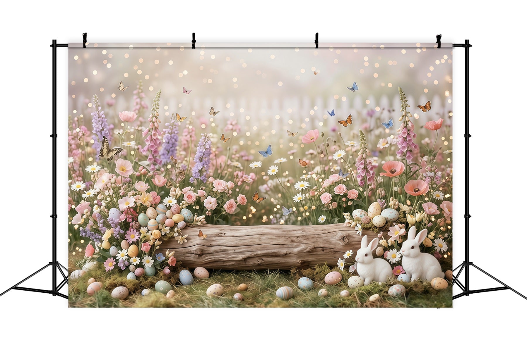 Easter Daisy Backdrop Wildflower Field Butterfly Bunny Eggs Easter Picture Backdrop CSH63-19