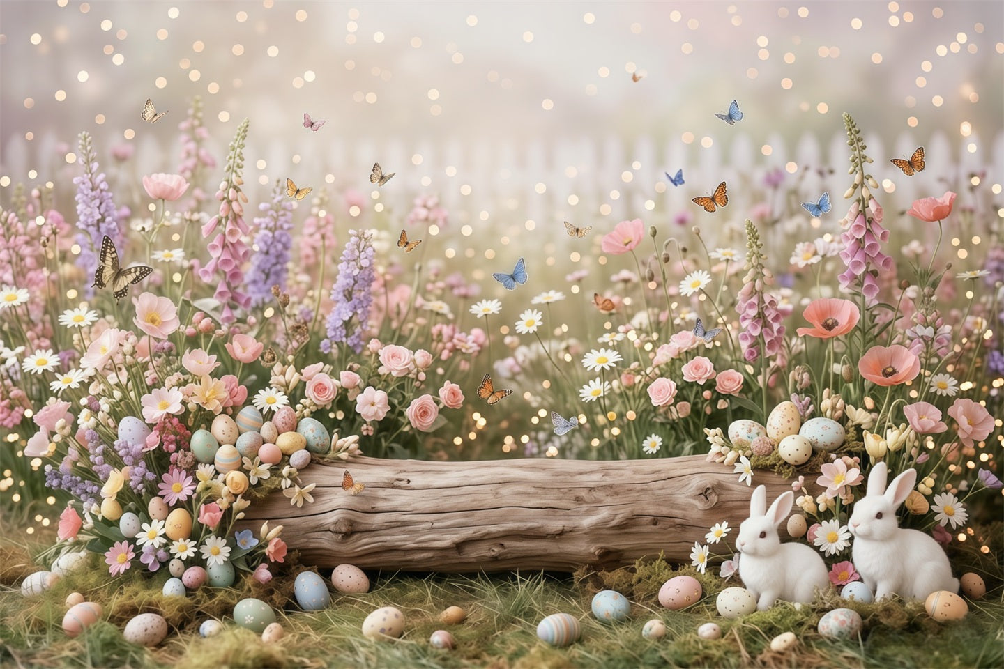 Easter Daisy Backdrop Wildflower Field Butterfly Bunny Eggs Easter Picture Backdrop CSH63-19