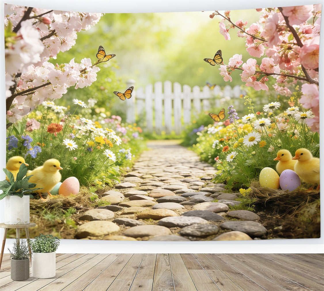 Marshmallow Chick Backdrop Cherry Blossom Garden Path Easter Photography Backdrop CSH63-20