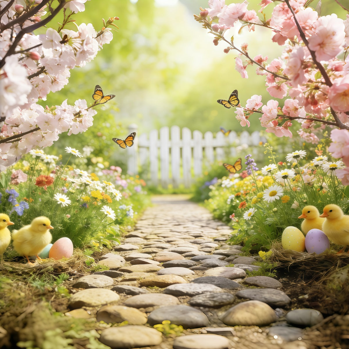 Marshmallow Chick Backdrop Cherry Blossom Garden Path Easter Photography Backdrop CSH63-20