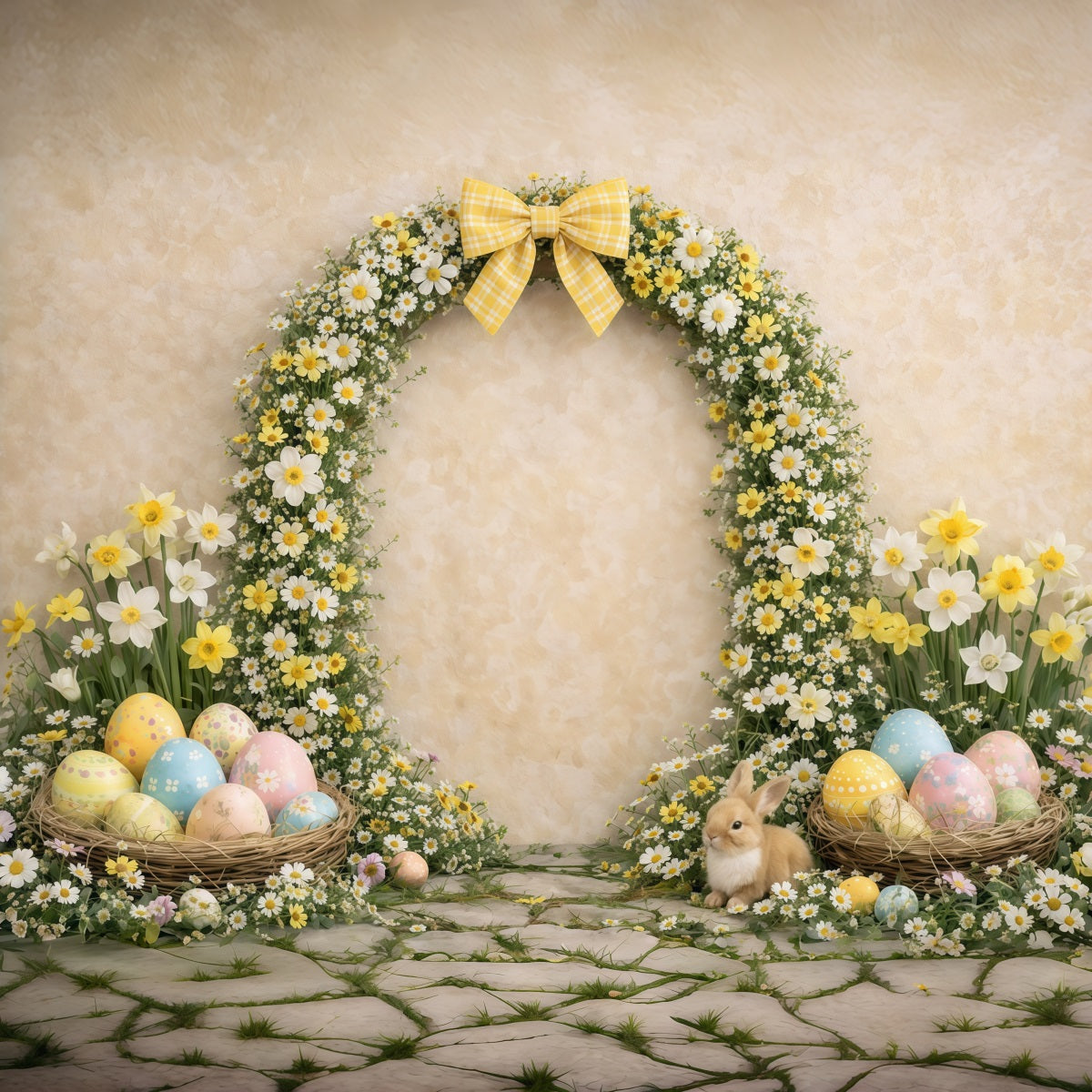 Spring Floral Wreath Backdrop Yellow Daisy Bow Arch Easter Picture Backdrop Ideas CSH63-21
