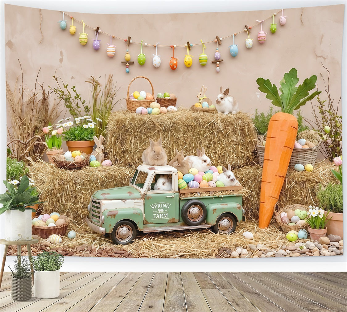 Easter Carrot Backdrop Rustic Farm Bunny Truck Hay Eggs Photo Backdrop Easter CSH63-23