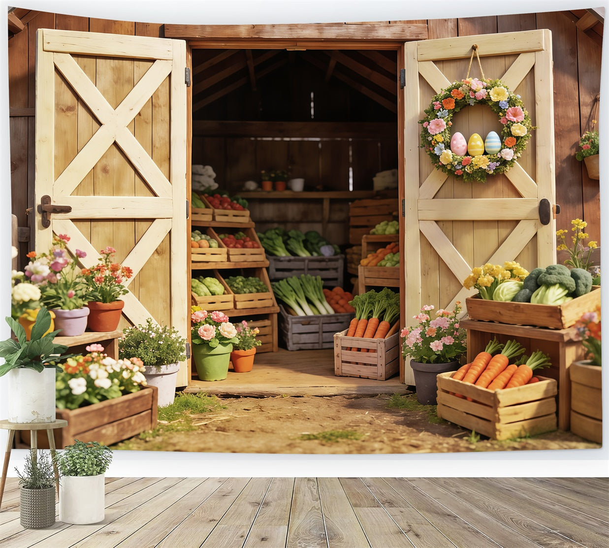 Easter Farm Barn Backdrop Spring Vegetables Flower Crates Easter Backdrop For Photography CSH63-24