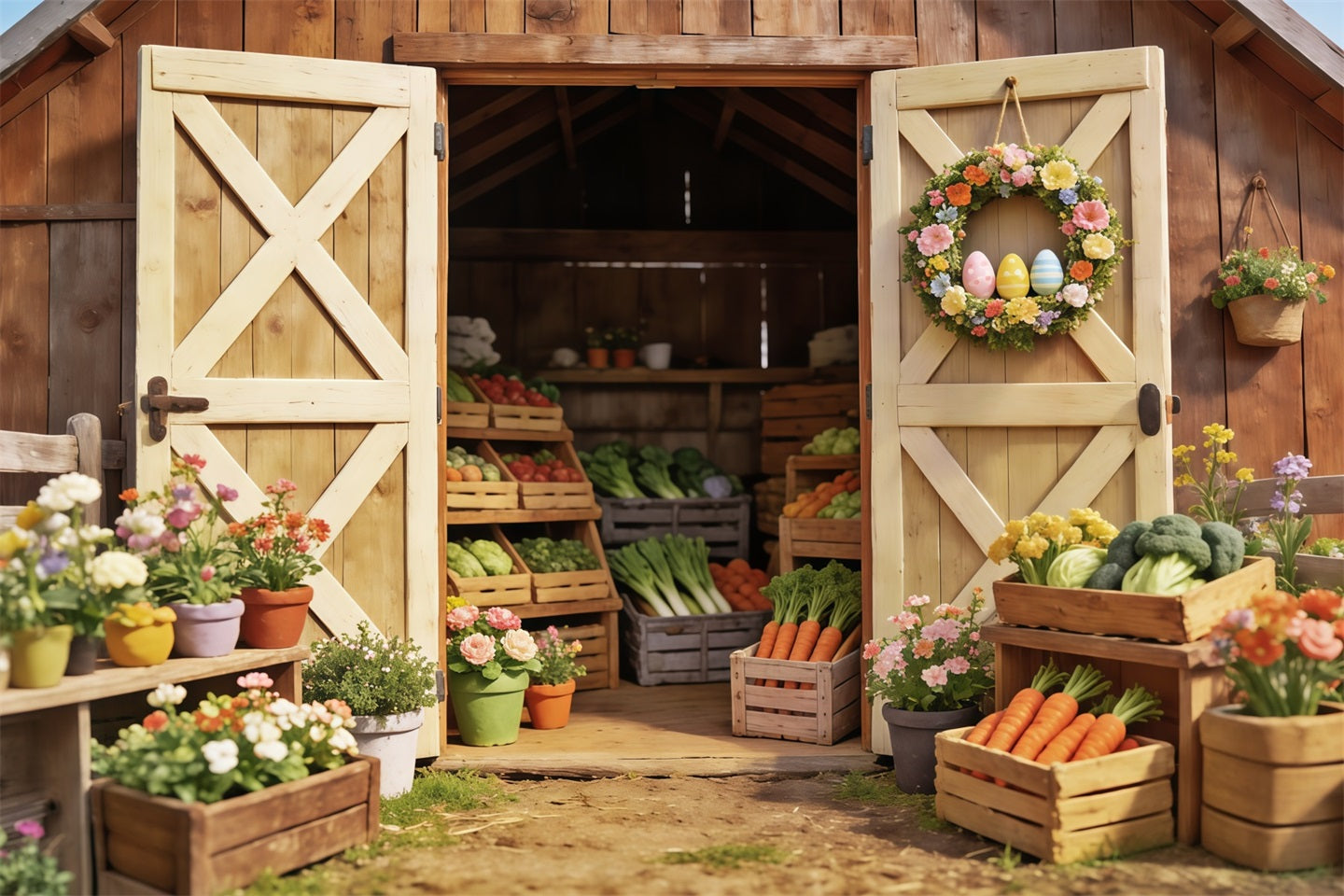 Easter Farm Barn Backdrop Spring Vegetables Flower Crates Easter Backdrop For Photography CSH63-24
