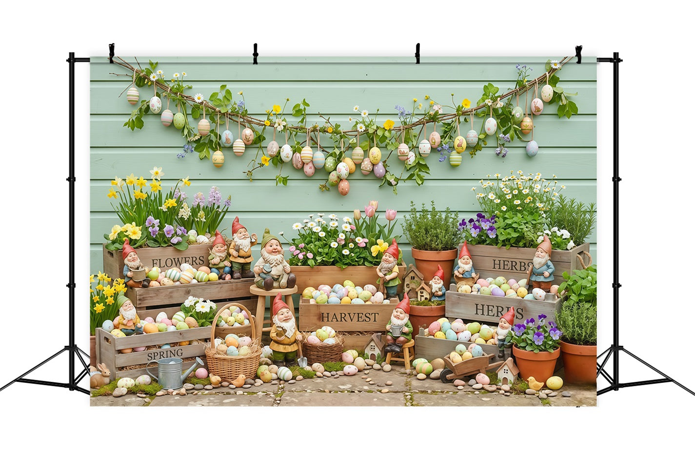 Easter Spring Backdrop Garden Gnomes Painted Eggs Crates Backdrops For Easter Pictures CSH63-25