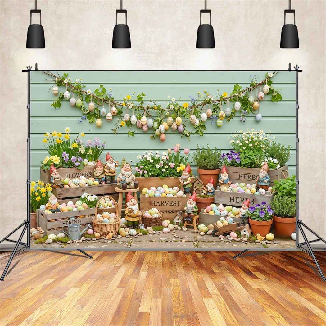 Easter Spring Backdrop Garden Gnomes Painted Eggs Crates Backdrops For Easter Pictures CSH63-25