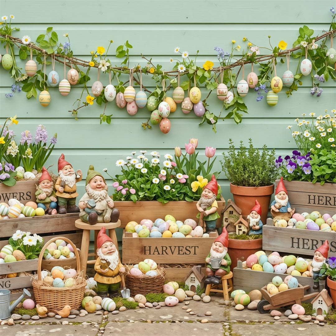 Easter Spring Backdrop Garden Gnomes Painted Eggs Crates Backdrops For Easter Pictures CSH63-25