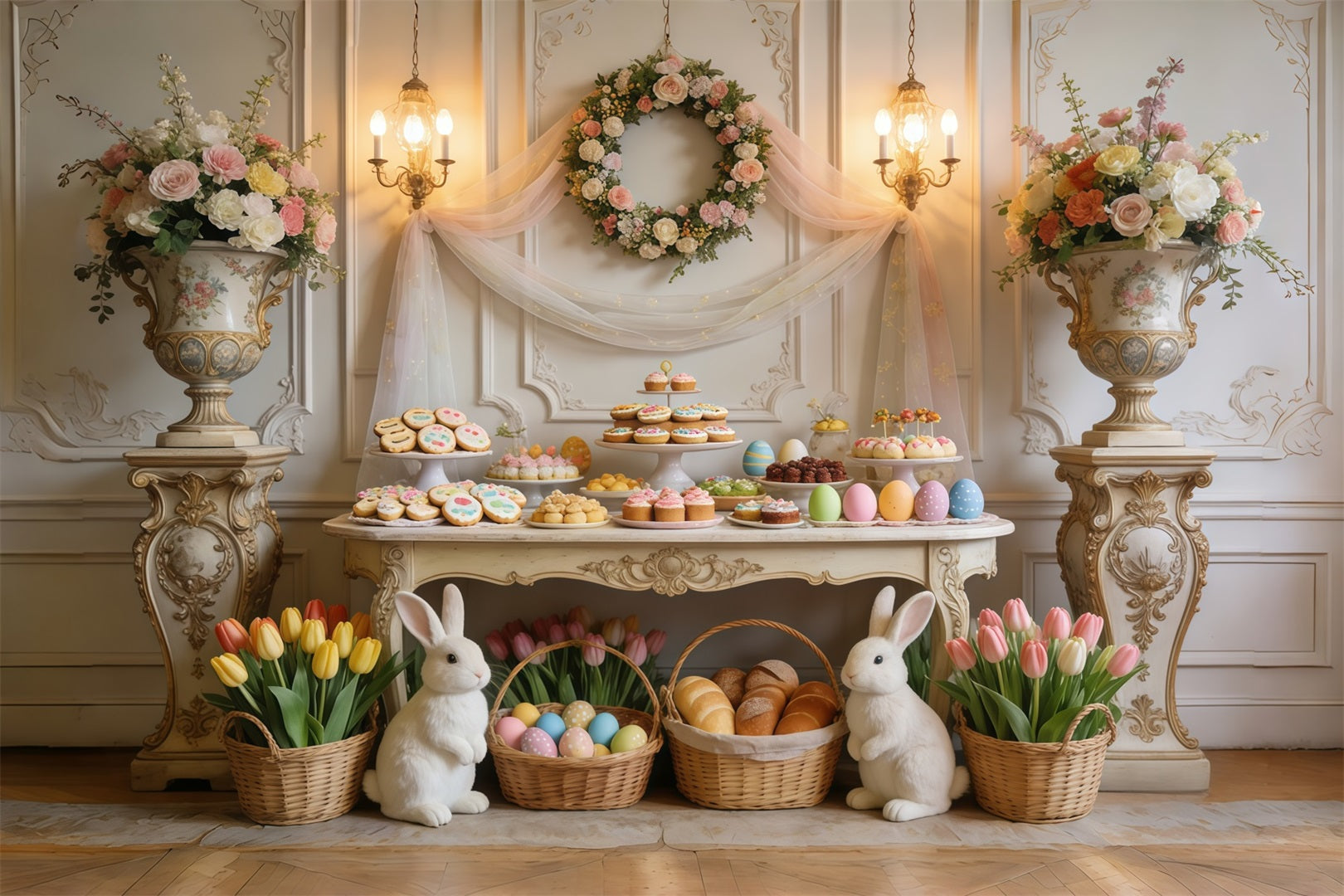 Easter Dessert Table Backdrop Elegant Tulip Floral Bunny Baskets Outdoor Easter Backdrop CSH63-27