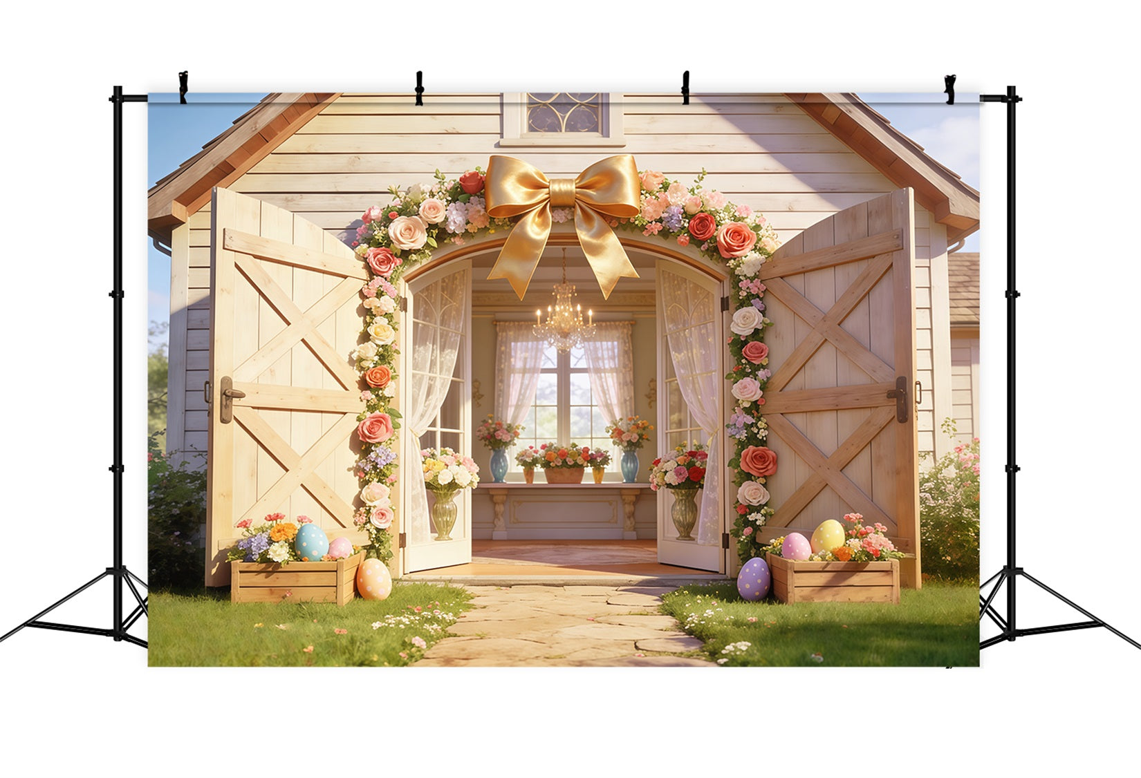 Easter Cottage Garden Backdrop Rustic Barn Flower Arch Open Doors Backdrops Easter CSH63-28