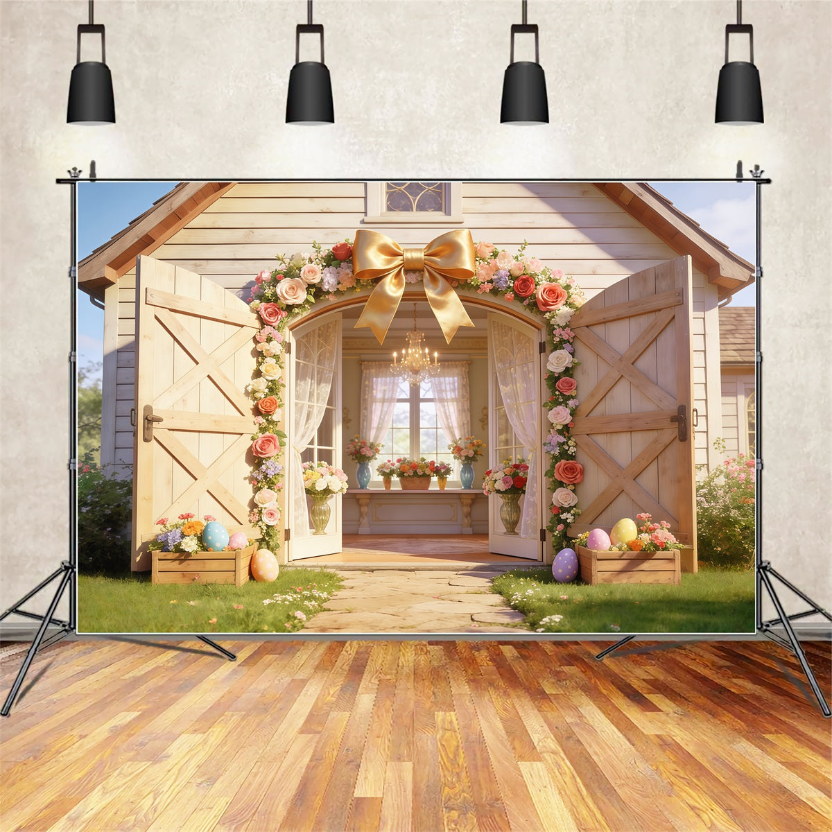Easter Cottage Garden Backdrop Rustic Barn Flower Arch Open Doors Backdrops Easter CSH63-28
