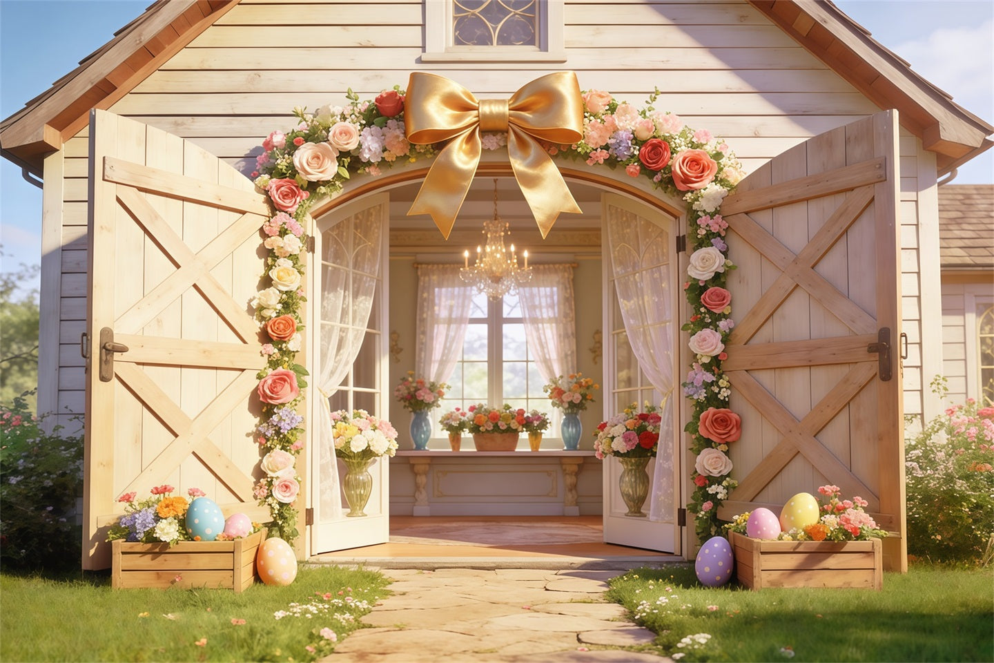 Easter Cottage Garden Backdrop Rustic Barn Flower Arch Open Doors Backdrops Easter CSH63-28