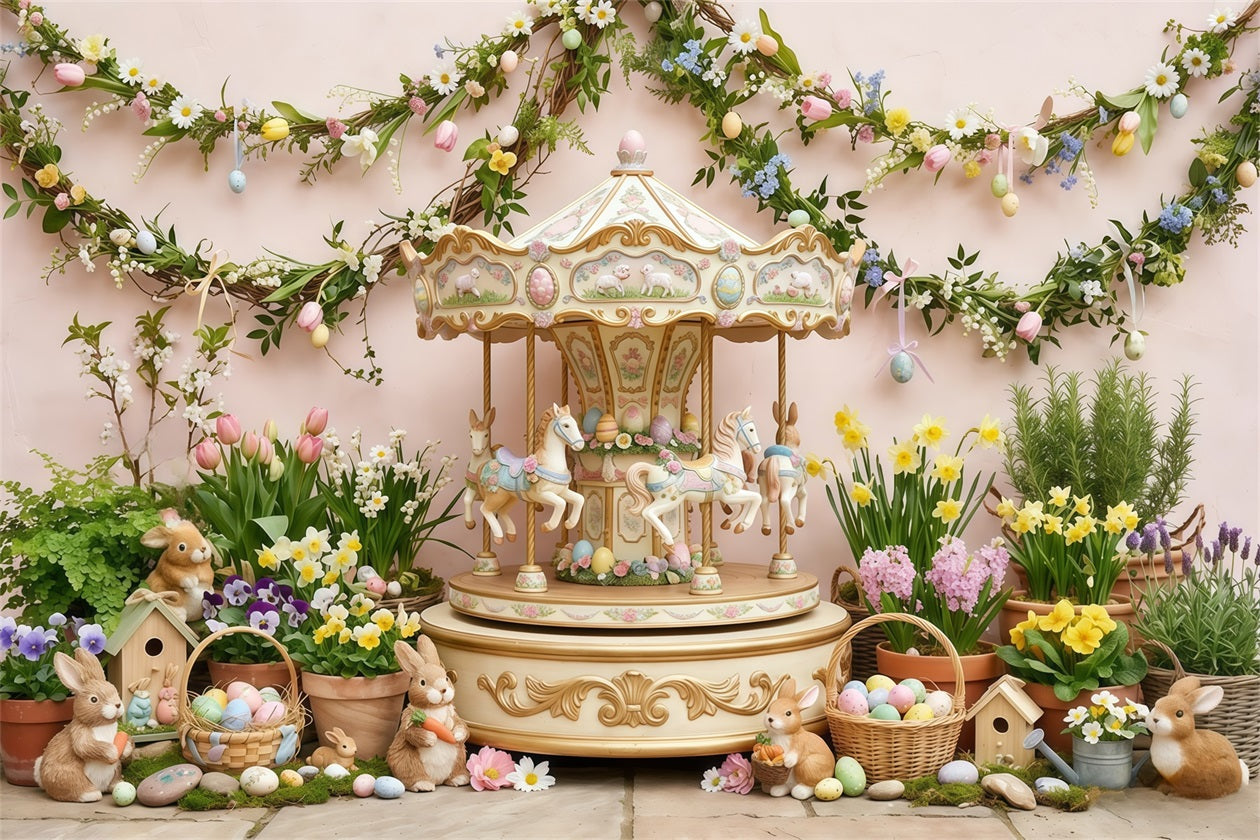Easter Daffodil Backdrop Vintage Carousel Bunny Flowers Easter Backdrops For Photos CSH63-29