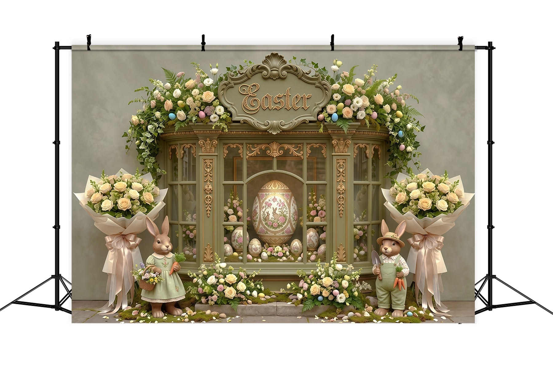 Easter Spring Floral Wreath Backdrop Ornate Egg Floral Window Easter Themed Backdrop CSH63-31