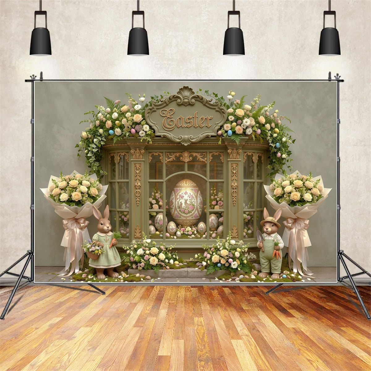 Easter Spring Floral Wreath Backdrop Ornate Egg Floral Window Easter Themed Backdrop CSH63-31