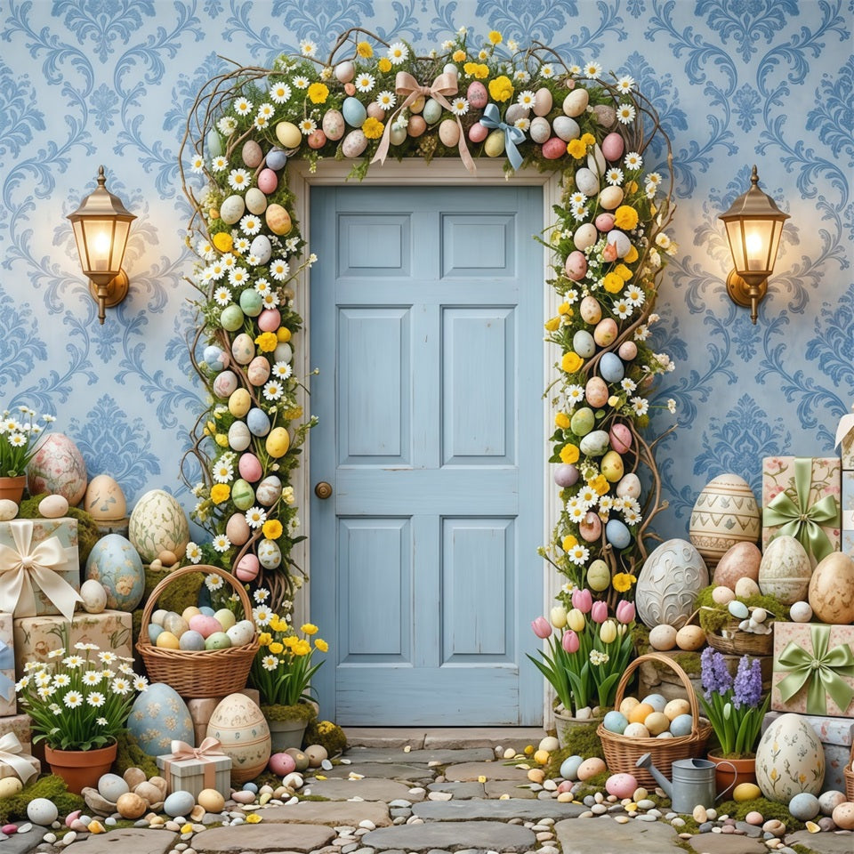 Easter Wreath Doorway Backdrop Blue Door Egg Garland Easter Backdrops Photography CSH63-32