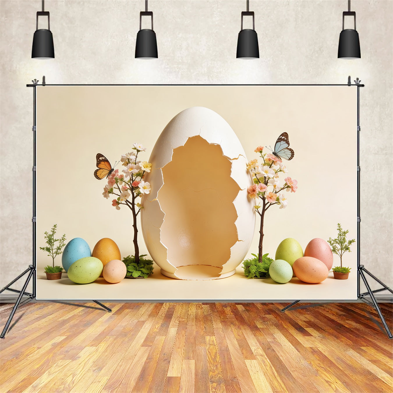 Easter Egg Backdrop Cracked Giant Egg Butterfly Blossom Tree Simple Easter Backdrop CSH63-36