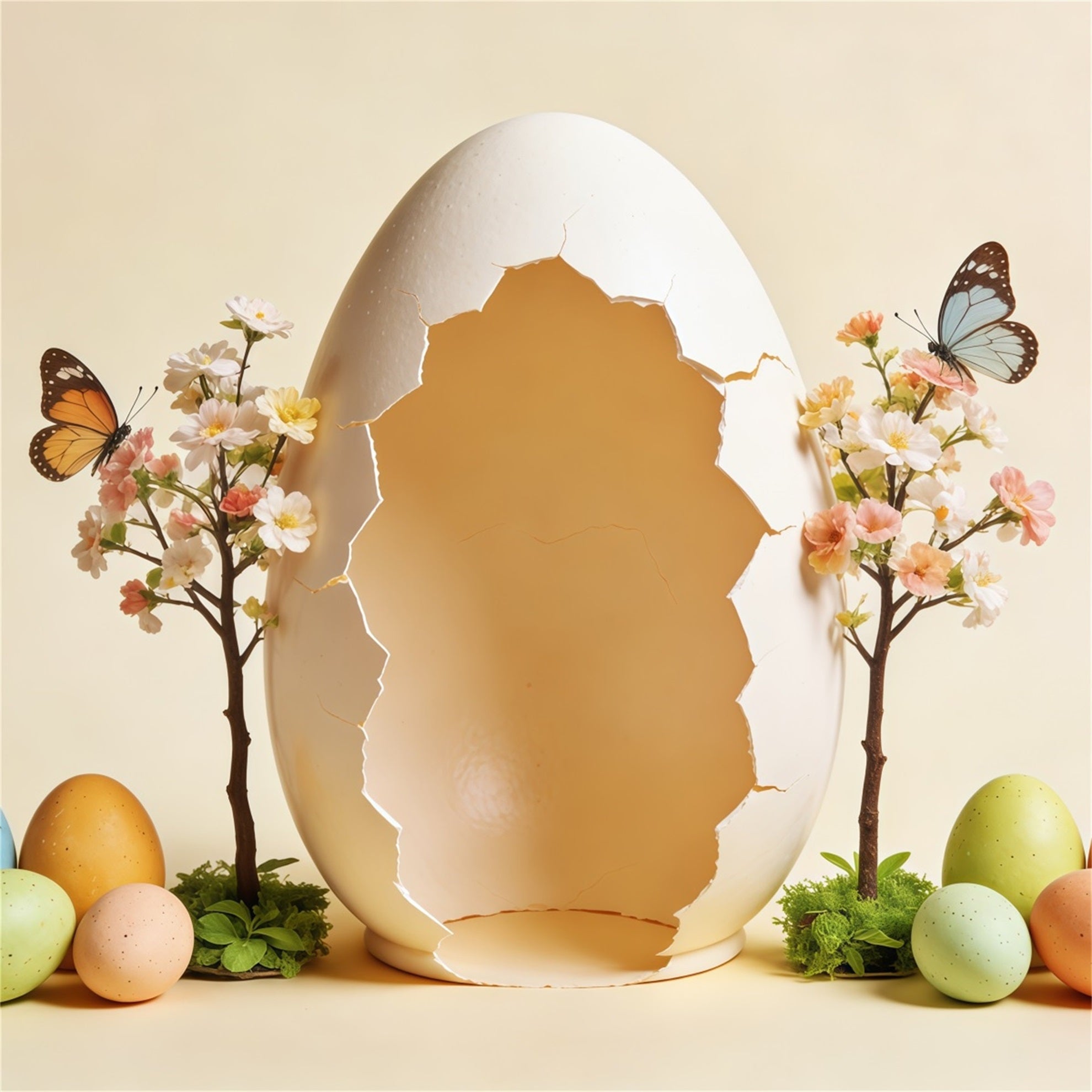 Easter Egg Backdrop Cracked Giant Egg Butterfly Blossom Tree Simple Easter Backdrop CSH63-36