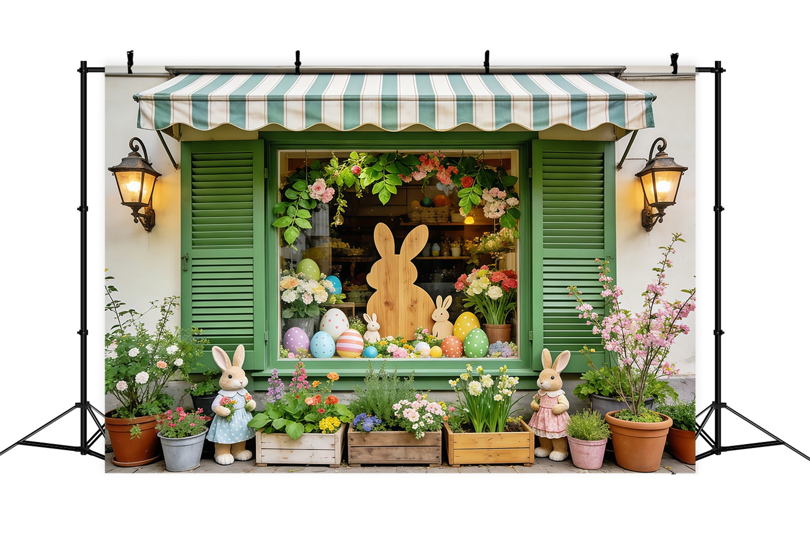 Easter European Garden Backdrop Green Window Bunny Egg Flowers Easter Party Backdrop CSH63-38