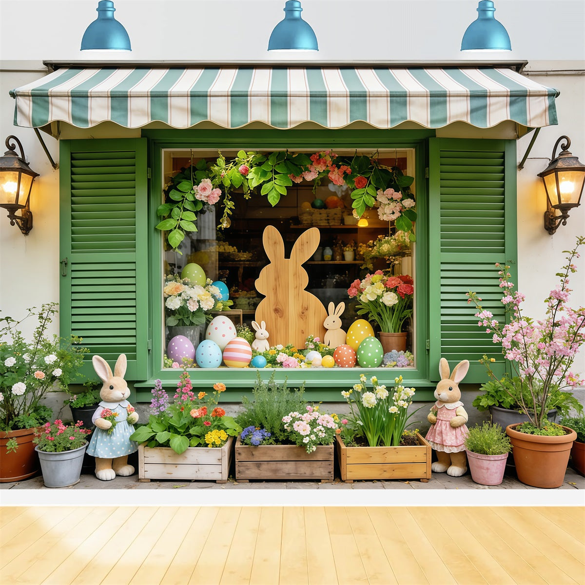 Easter European Garden Backdrop Green Window Bunny Egg Flowers Easter Party Backdrop CSH63-38