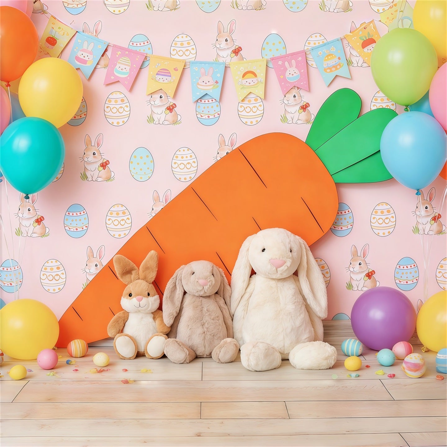 Easter Cute Backdrop Colorful Balloon Carrot Bunny Easter Theme Backdrop CSH63-42