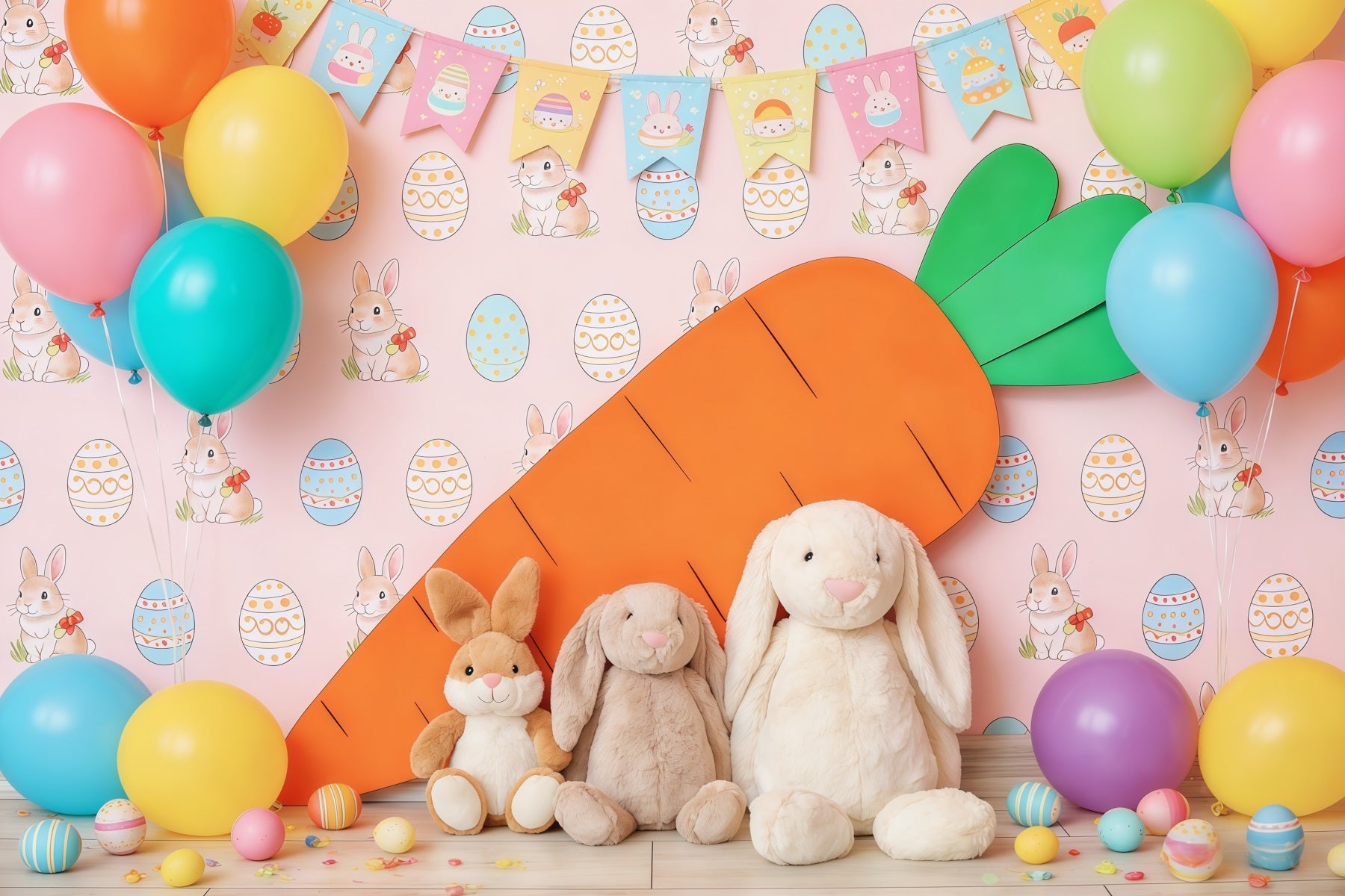 Easter Cute Backdrop Colorful Balloon Carrot Bunny Easter Theme Backdrop CSH63-42