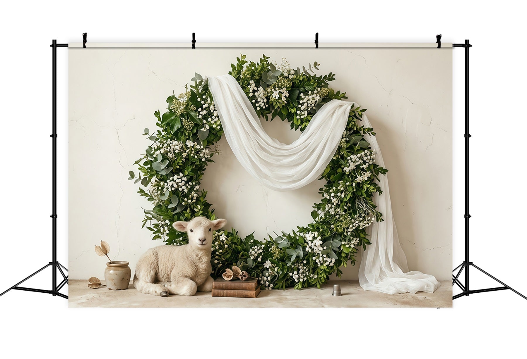 Easter Spring Floral Wreath Backdrop Nordic Lamb Rustic Decor Photo Shoot Easter Backdrop CSH63-47