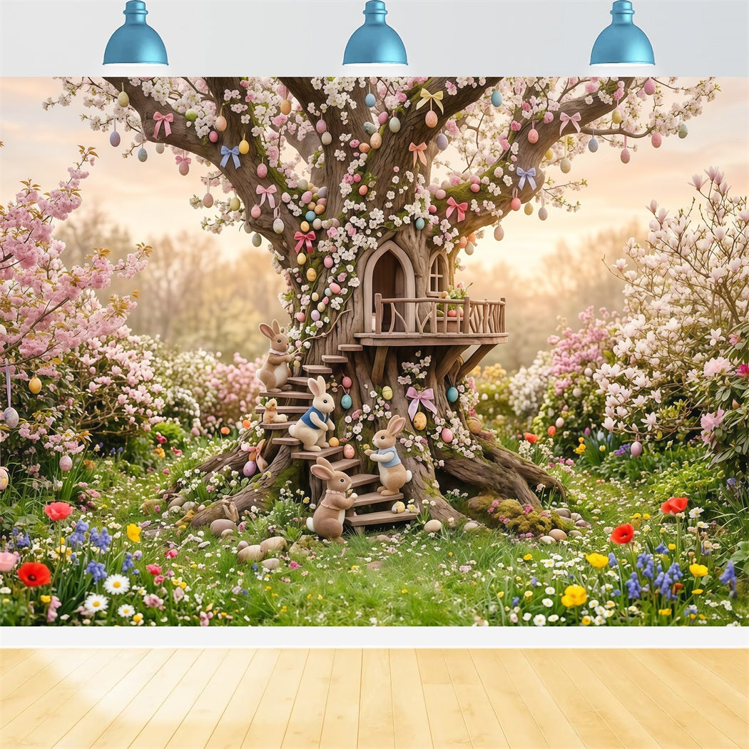 Easter Cherry Blossom Backdrop Fantasy Tree Bunny Treehouse Outdoor Easter Backdrops CSH63-49