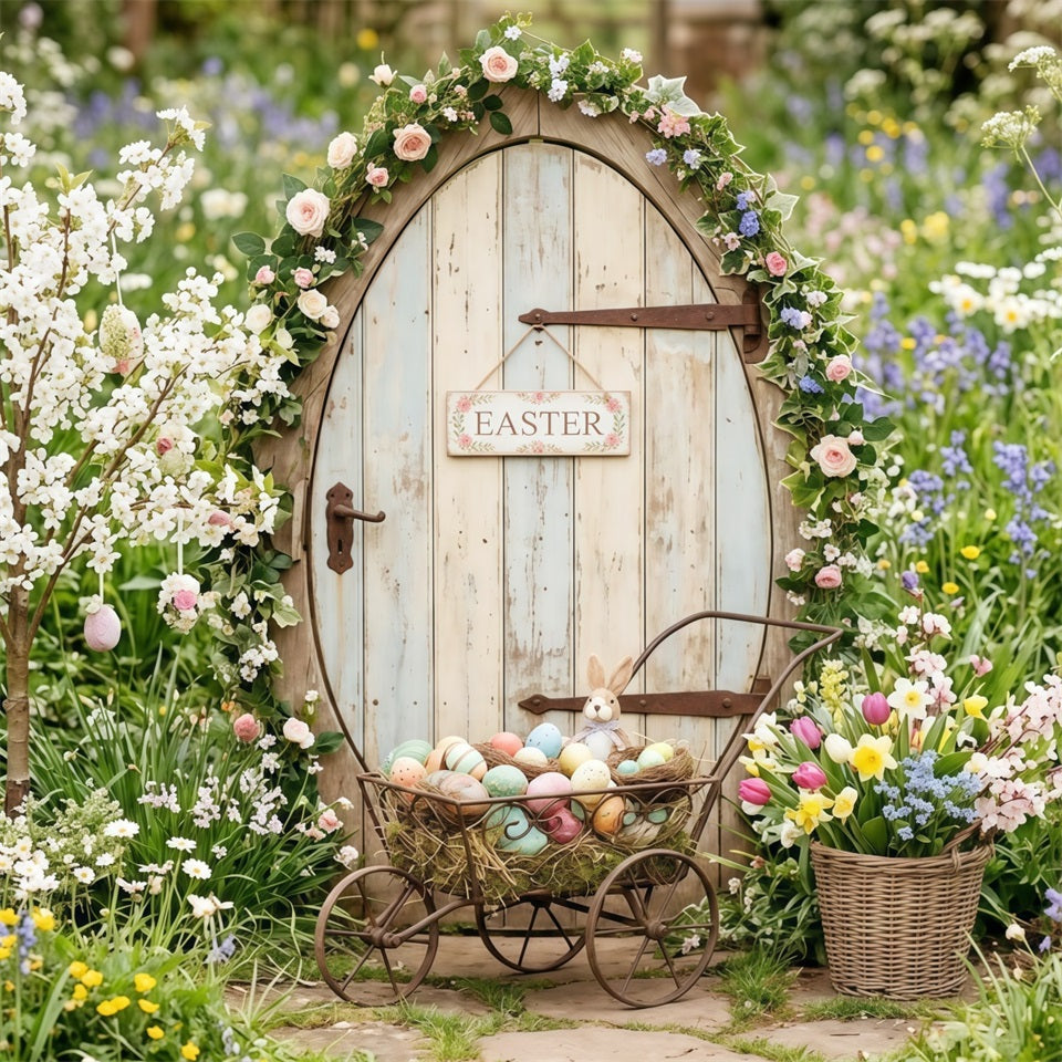 Easter Cottage Garden Backdrop Wildflower Bunny Door Egg Cart Easter Photo Backdrops CSH63-5