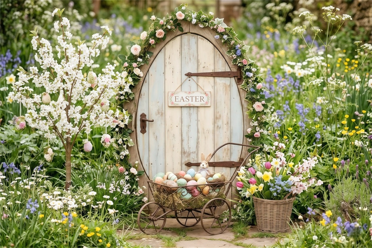 Easter Cottage Garden Backdrop Wildflower Bunny Door Egg Cart Easter Photo Backdrops CSH63-5