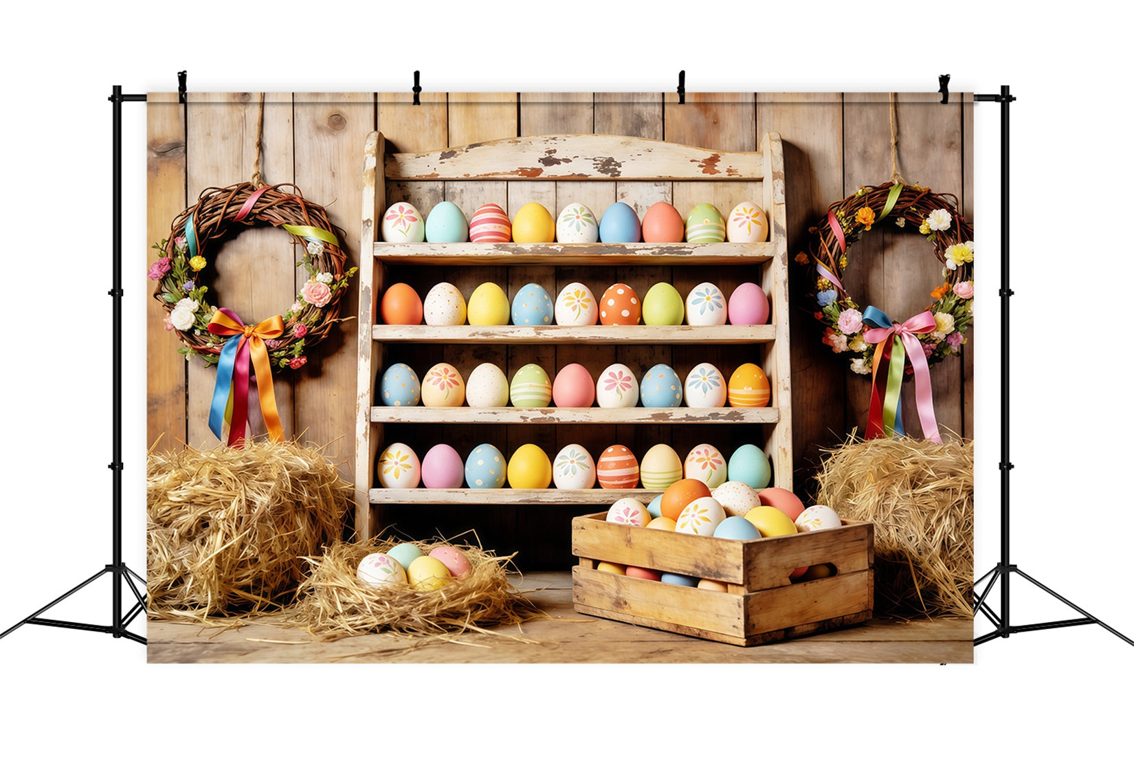 Easter Farm Barn Backdrop Farmhouse Colorful Eggs Hay Easter Backdrops For Photography CSH63-7