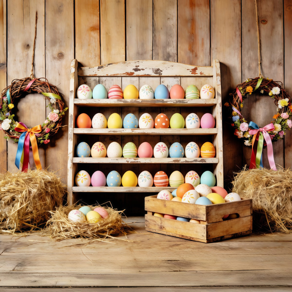 Easter Farm Barn Backdrop Farmhouse Colorful Eggs Hay Easter Backdrops For Photography CSH63-7