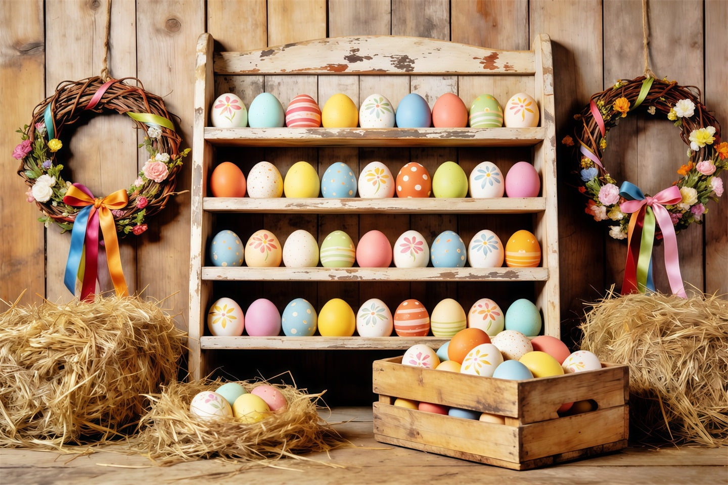 Easter Farm Barn Backdrop Farmhouse Colorful Eggs Hay Easter Backdrops For Photography CSH63-7