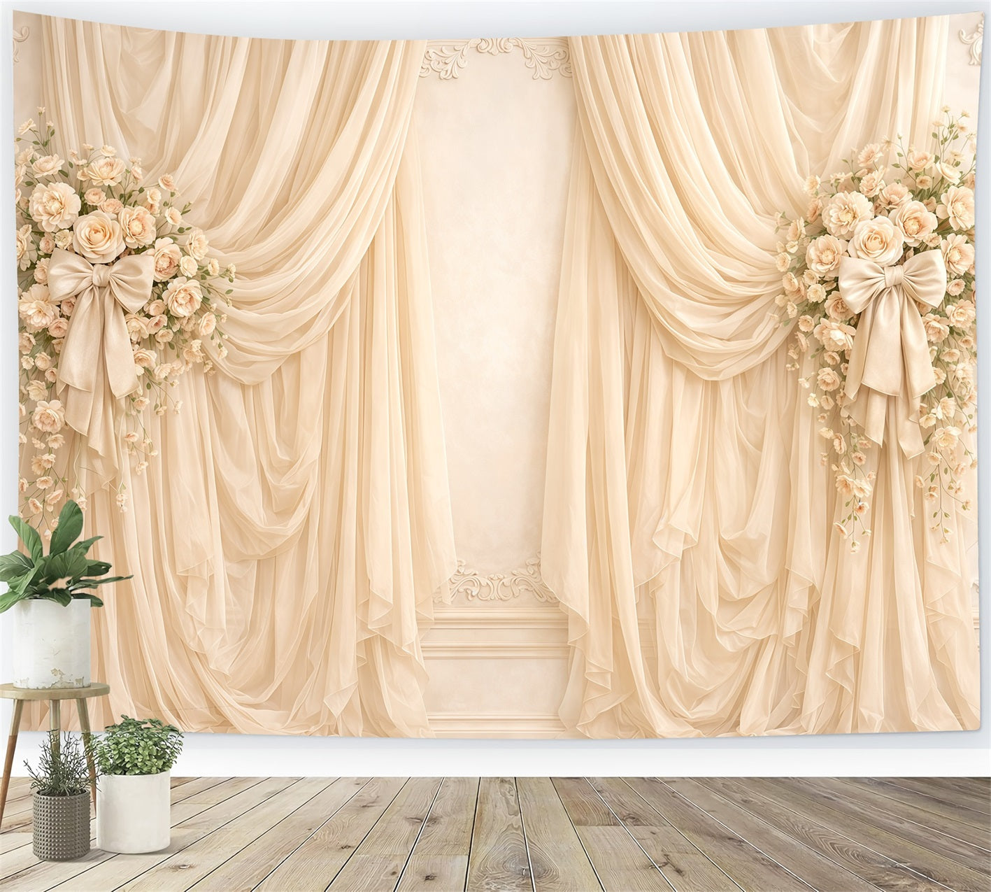 Ribbon Bow Mother's Day Backdrop Ivory Curtain Floral Bow Mother's Day Backdrops CSH63-70