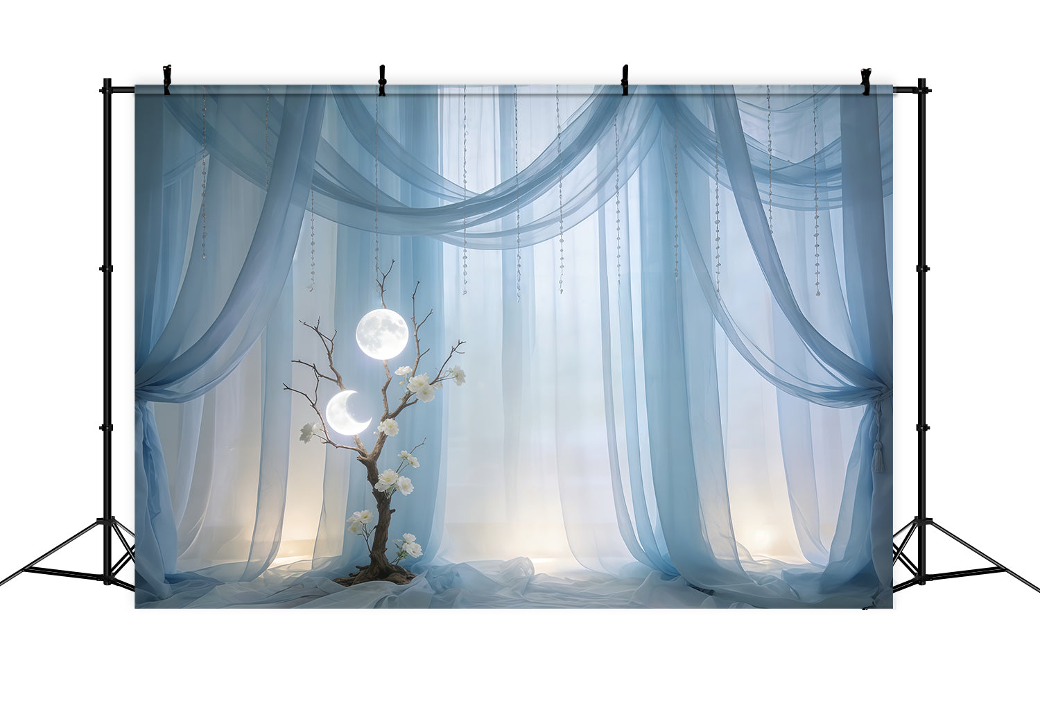 Sheer Curtains Mother's Day Backdrop Sky Blue Moonlit Draped Tree Mothers Day Backdrops CSH63-76