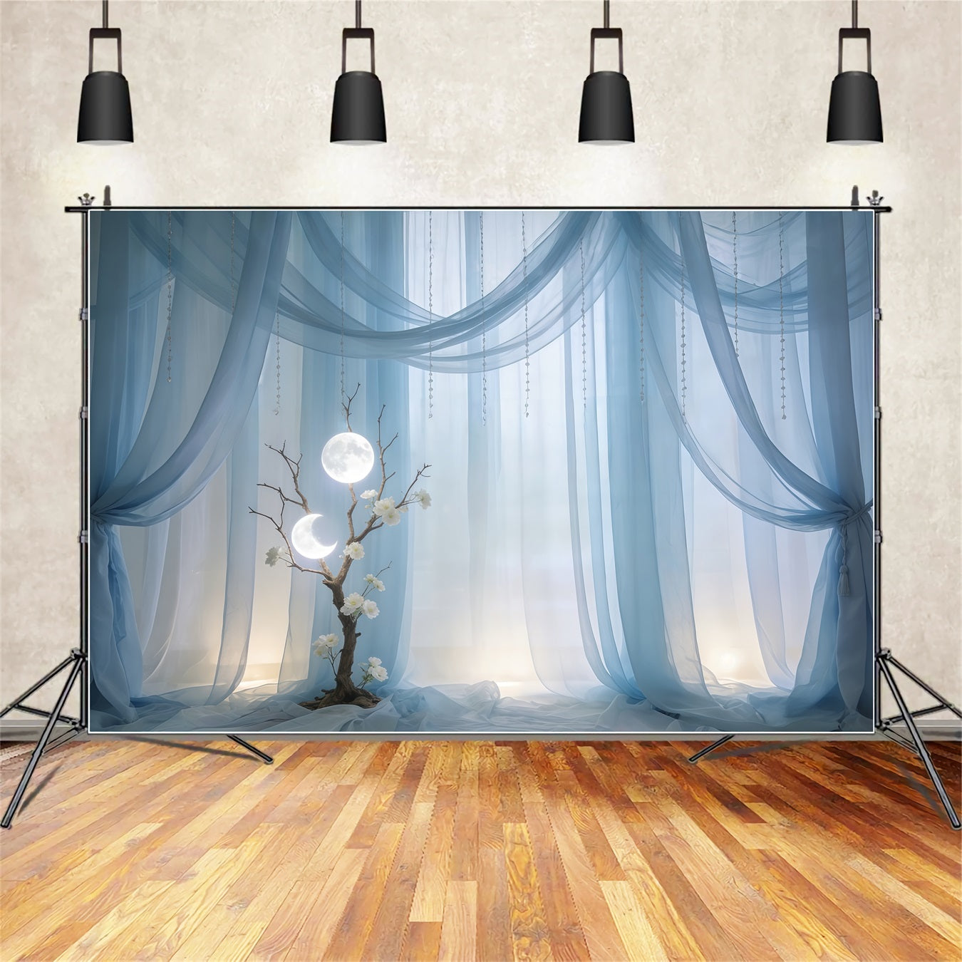 Sheer Curtains Mother's Day Backdrop Sky Blue Moonlit Draped Tree Mothers Day Backdrops CSH63-76