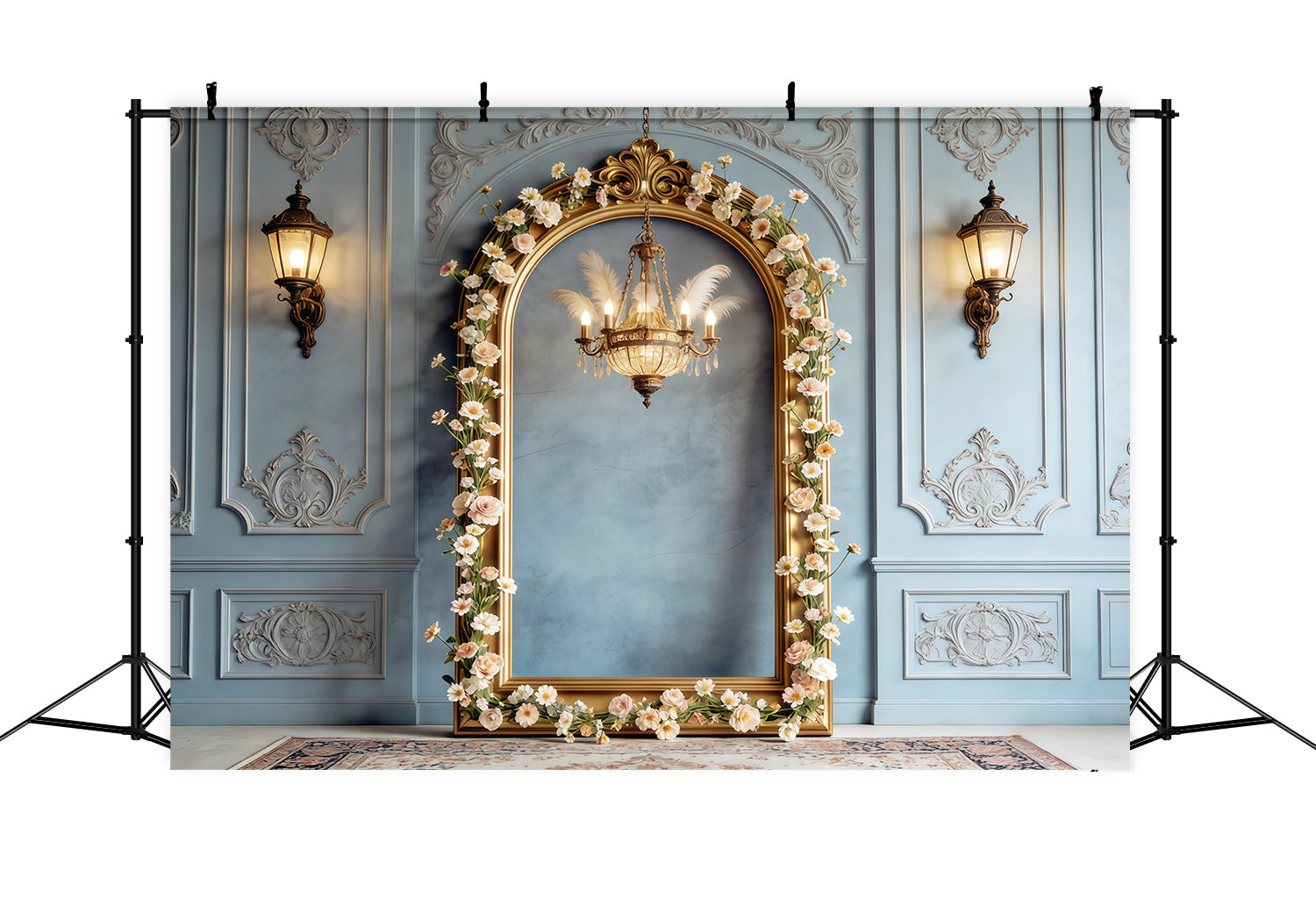 Photo Frame Mother's Day Backdrop Powder Blue Floral Arch Chandelier Mothers Day Photo Backdrop CSH63-78