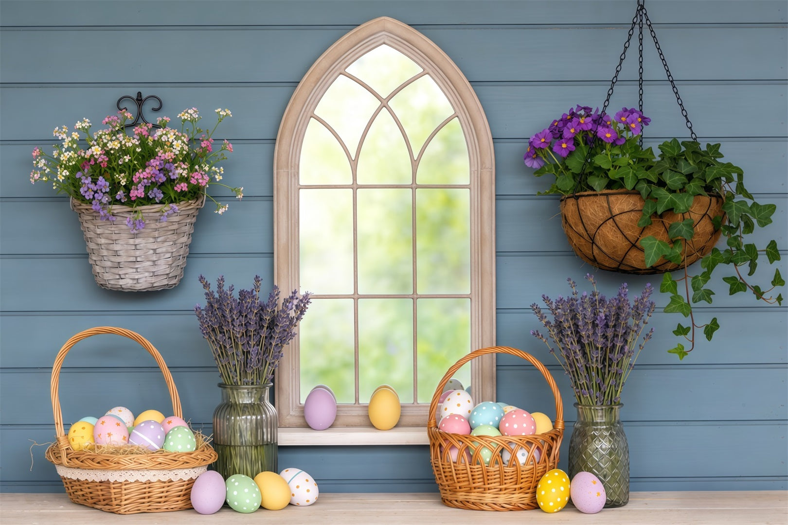 Easter Window Spring Light Backdrop Basket Eggs Lavender Easter Photography Backdrops CSH63-8