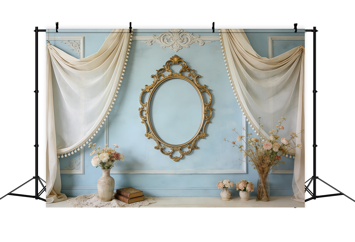 Photo Frame Mother's Day Backdrop Vintage Blue Mirror Floral Drapes Mothers Day Photo Backdrop CSH63-80