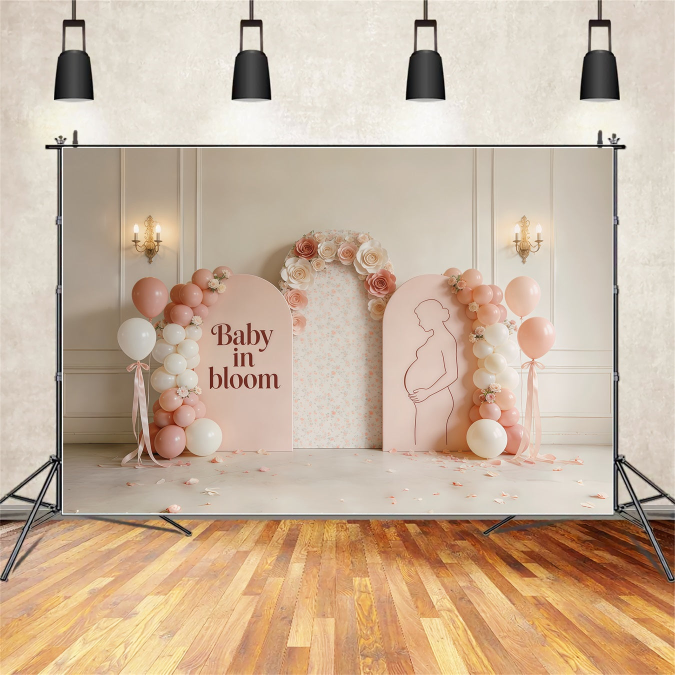 Mother Daughter Silhouette Mother's Day Backdrop Blush Floral Balloon Arch Mother Day Backdrop CSH63-82