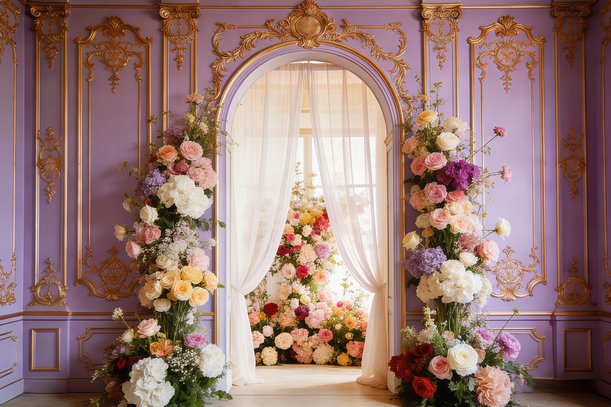 Rococo Floral Mother's Day Backdrop Lavender Palace Bloom Archway Mother's Day Photoshoot Backdrop CSH63-88