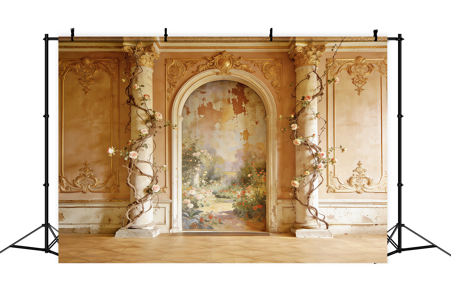 Rococo Floral Mother's Day Backdrop Golden Garden Mural Archway Mother's Day Photoshoot Backdrop CSH63-89