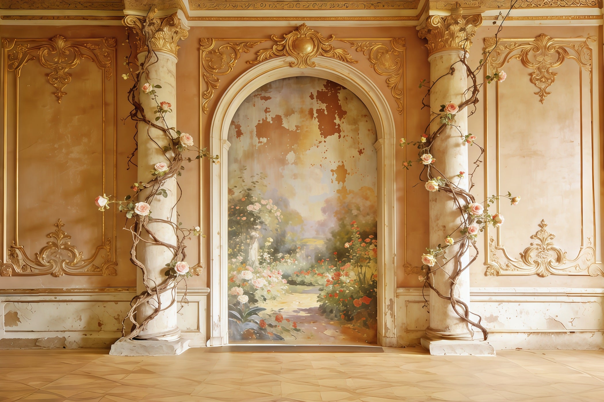 Rococo Floral Mother's Day Backdrop Golden Garden Mural Archway Mother's Day Photoshoot Backdrop CSH63-89