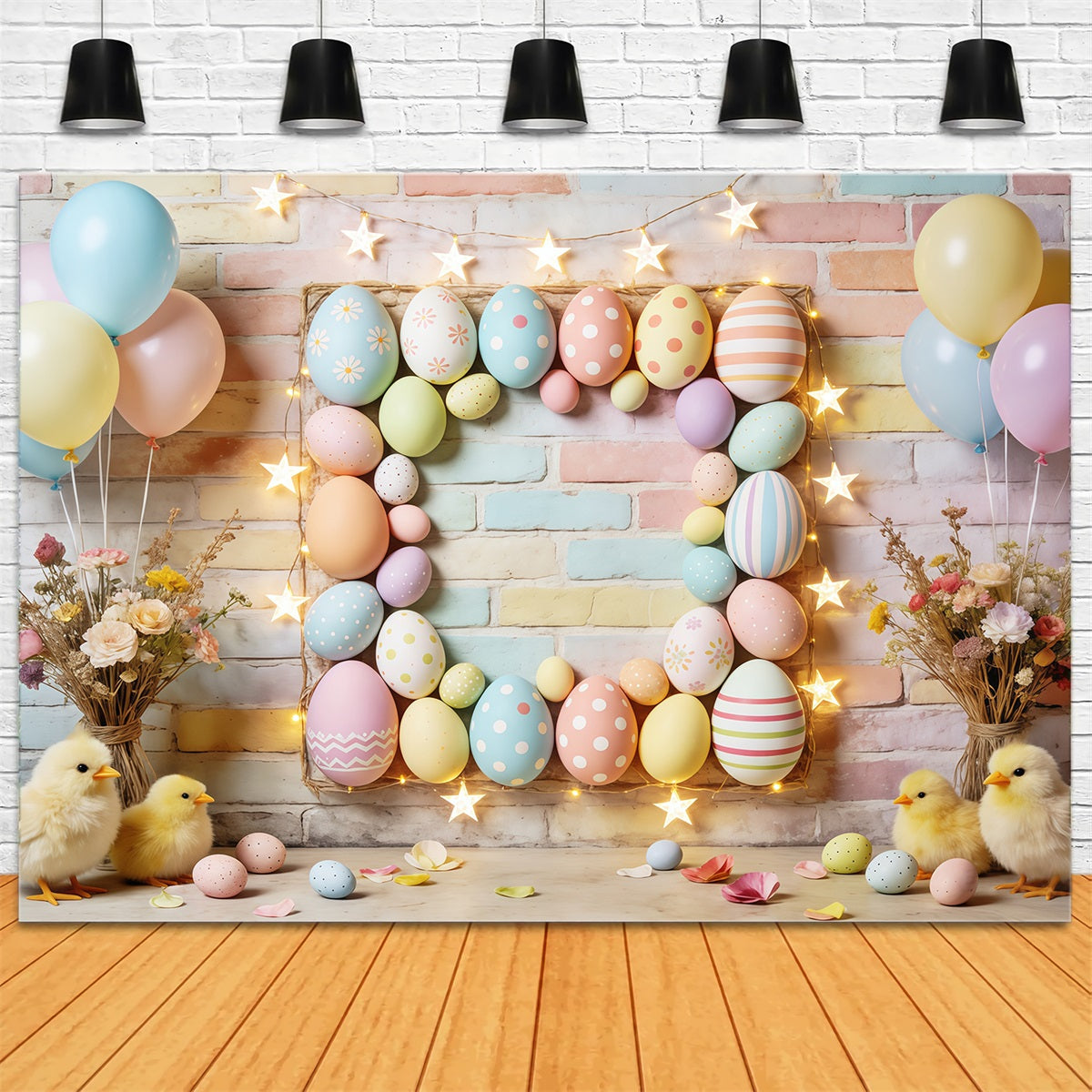 Easter Pastel Balloons Backdrop Egg Frame Star Lights Chicks Easter Picture Backdrops CSH63-9