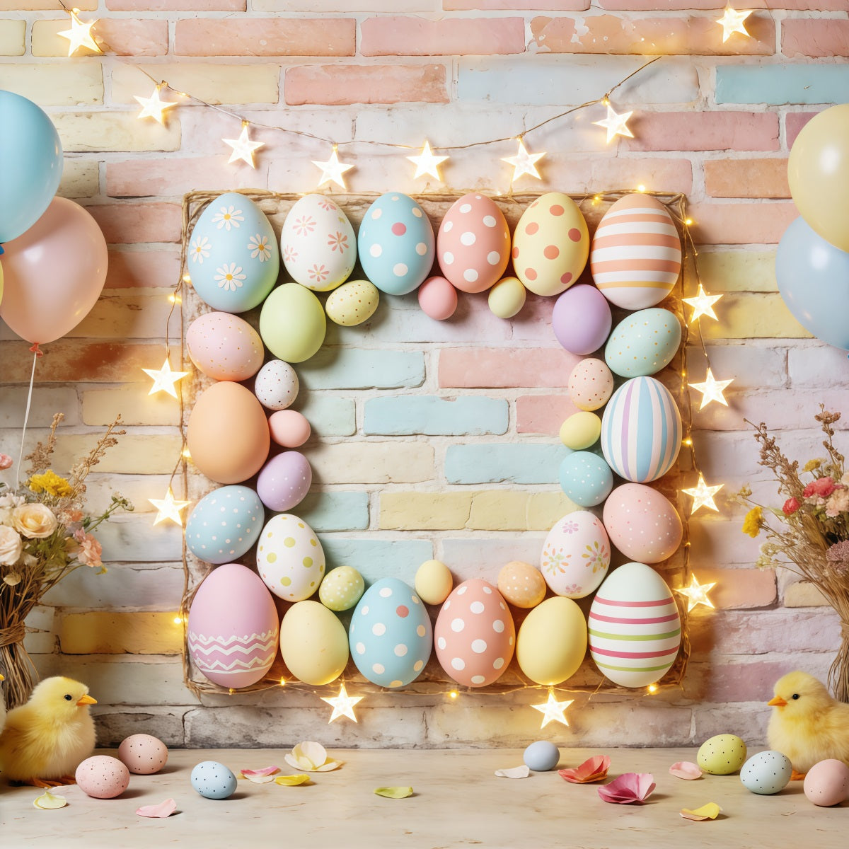 Easter Pastel Balloons Backdrop Egg Frame Star Lights Chicks Easter Picture Backdrops CSH63-9