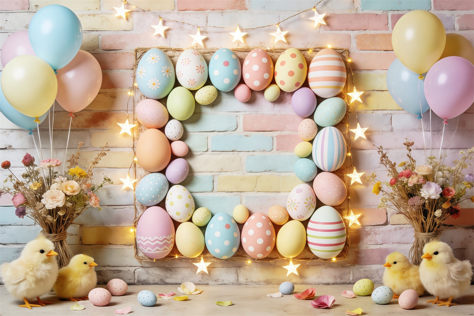 Easter Pastel Balloons Backdrop Egg Frame Star Lights Chicks Easter Picture Backdrops CSH63-9